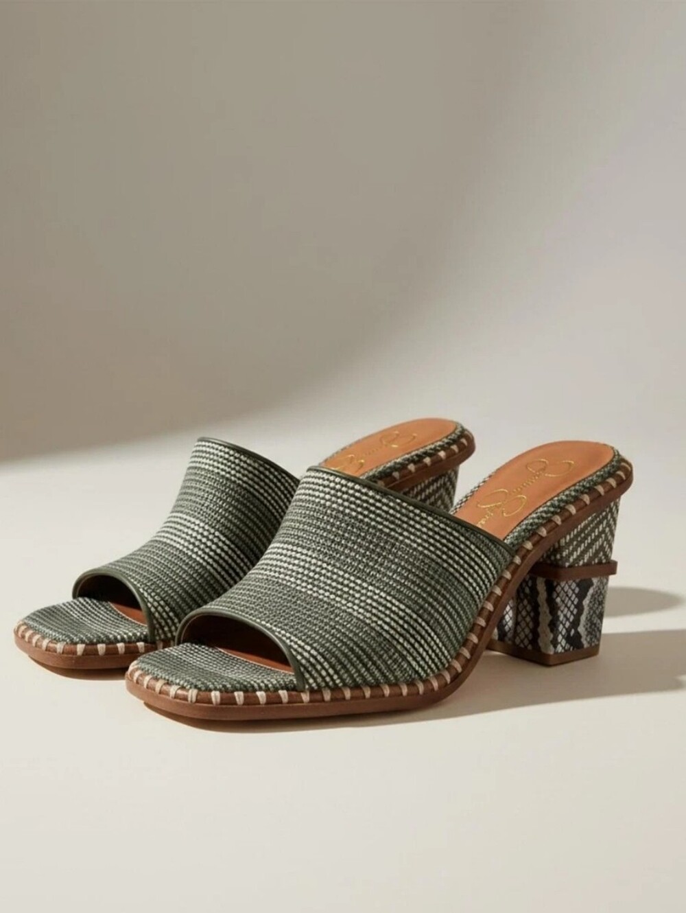 Jessica Simpson Green Woven Block Heel Mule Sandals Size 7 Snake Print